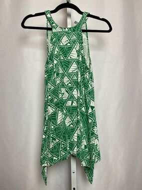Hawaii's Finest Green and White Geometric Kalo Print Tank with Handkerchief Hem
